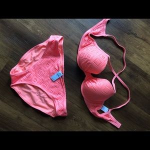 aerie swim neon coral crochet bikini